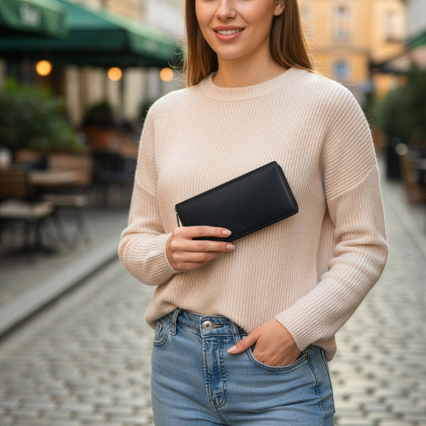 Stevens sieviešu maks ar RFID aizsardzību un rāvējslēdzēju, melns D50