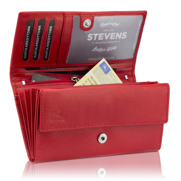 Sieviešu ādas maks STEVENS Z02 / RB-063M Pagarināts sarkans ar RFID aizsardzību D1884