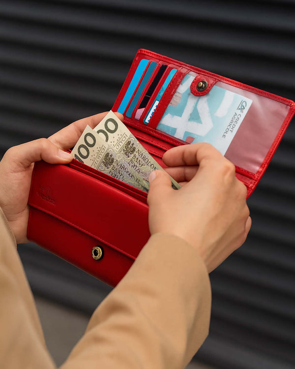 Sieviešu ādas maks STEVENS Z02 / RB-063M Pagarināts sarkans ar RFID aizsardzību D1884