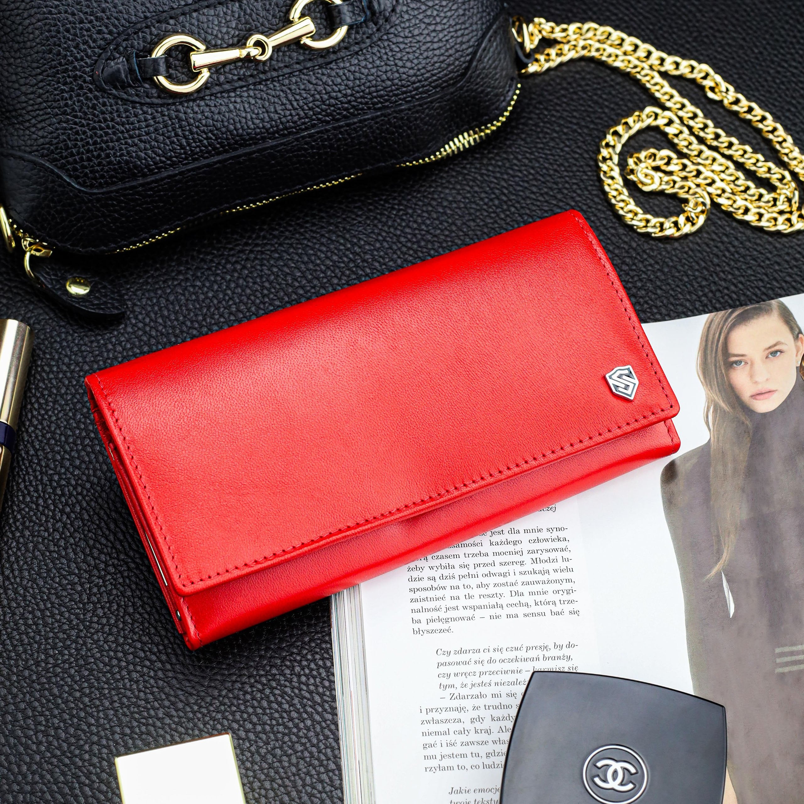 Sieviešu ādas maks "STEVENS" Z03-099 pagarināts sarkans ar RFID aizsardzību D1811