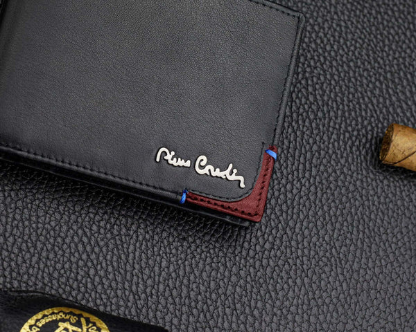 Vīriešu maks Pierre Cardin, melni sarkans, īsta āda, RFID aizsardzība 75TILAK 