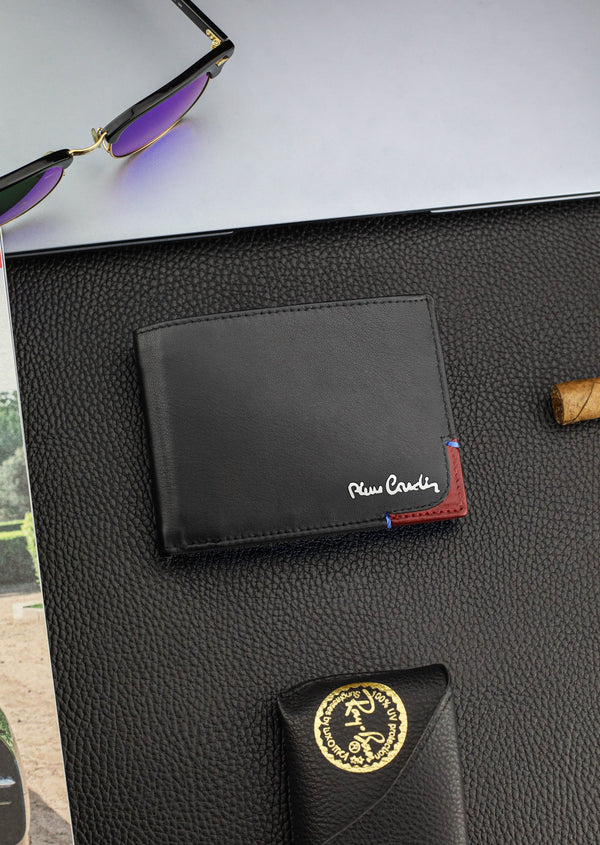 Vīriešu maks Pierre Cardin, melni sarkans, īsta āda, RFID aizsardzība 75TILAK 