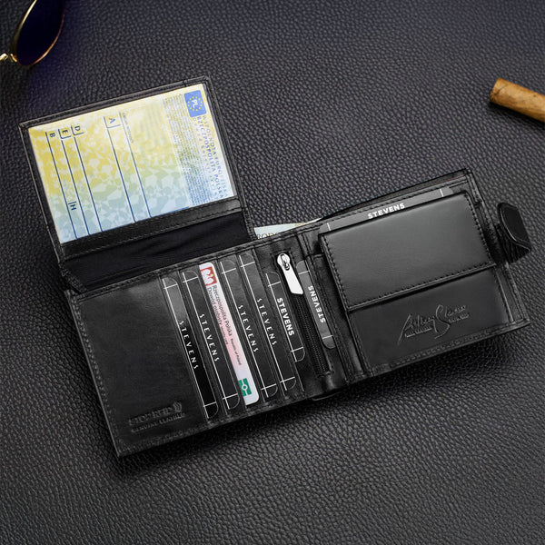 Vīriešu ādas maks Stevens PREMIUM, melns, ar RFID aizsardzību 02-8888-R