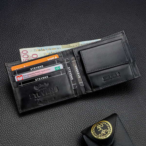Vīriešu ādas maks Stevens, plāns, melns, ar RFID aizsardzību 8824-R