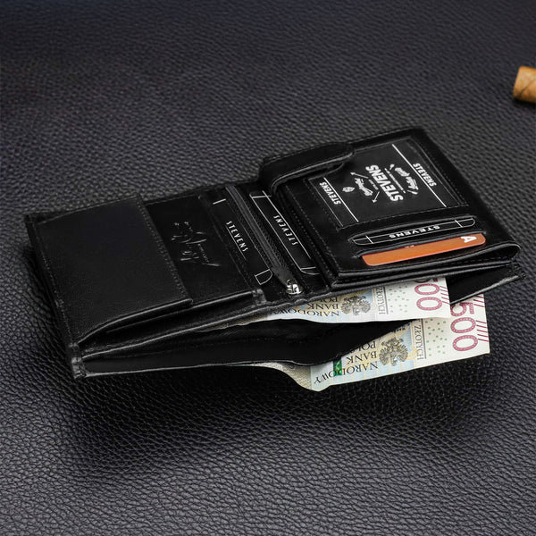 Vīriešu ādas maks Stevens, melns, ar oglekļa šķiedras pārklājumu un RFID aizsardzību 02-326-R
