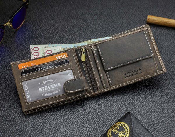 Vīriešu ādas maks STEVENS ar RFID aizsardzību, brūnā krāsā S195 