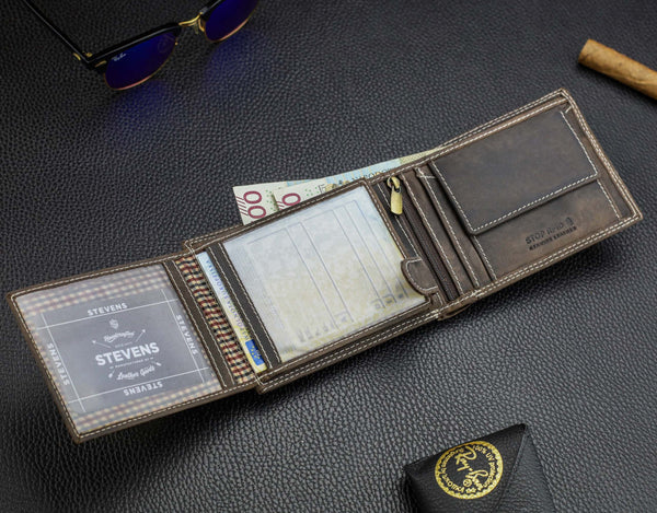 Vīriešu ādas maks STEVENS ar RFID aizsardzību, brūnā krāsā S195 