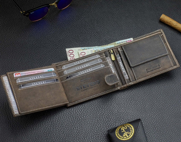 Vīriešu ādas maks STEVENS ar RFID aizsardzību, brūnā krāsā S195 