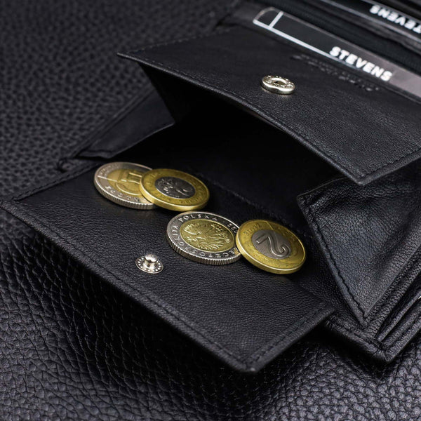 Vīriešu ādas maks STEVENS ar maisiņu, melns, ar RFID aizsardzību 326