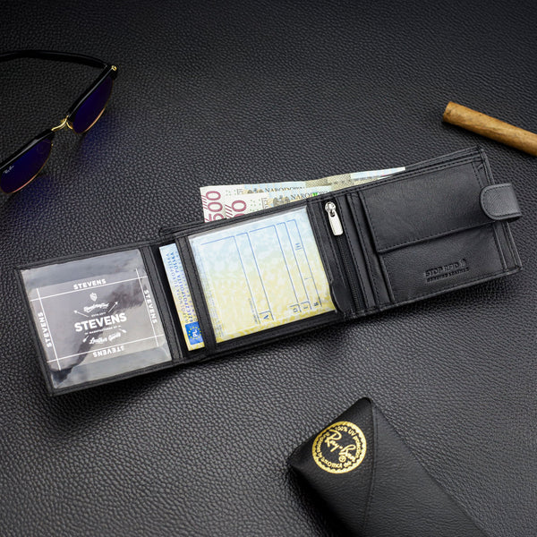 Vīriešu ādas maks Stevens ar RFID aizsardzību, melns PREMIUM W-325A