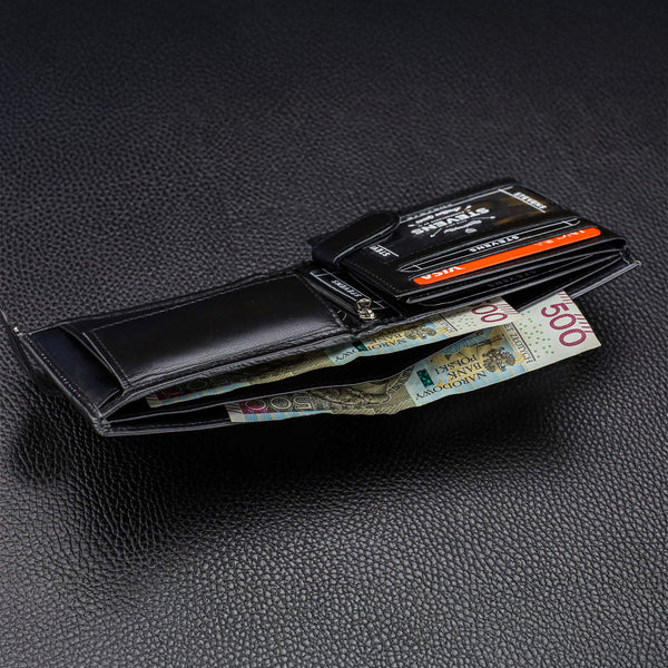 Vīriešu ādas maks Stevens ar RFID aizsardzību, melns PREMIUM 03-325A