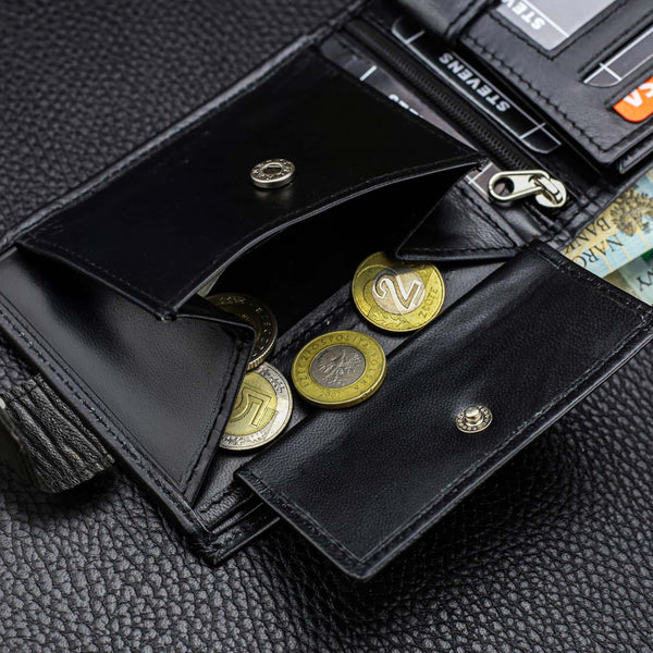 Vīriešu ādas maks Stevens ar RFID aizsardzību, melns PREMIUM 03-325A