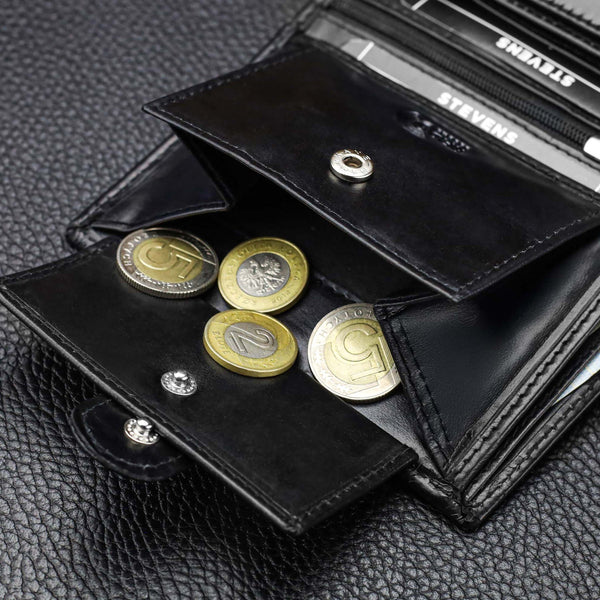 Vīriešu ādas maks STEVENS ar maisiņu, melns, ar RFID aizsardzību Z03-326A