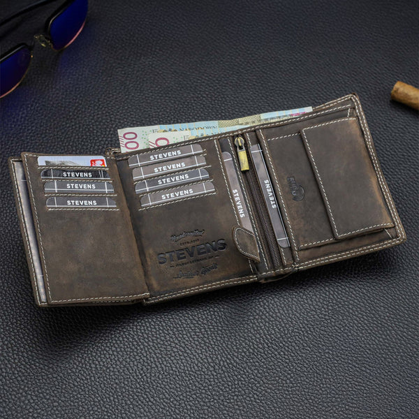 Vīriešu ādas maks STEVENS ar dāvanu maisiņu, melns, ar RFID aizsardzību Z04-326