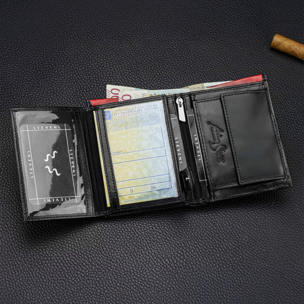 Vīriešu ādas maks STEVENS ar maisiņu, melns, ar RFID aizsardzību Z06-326