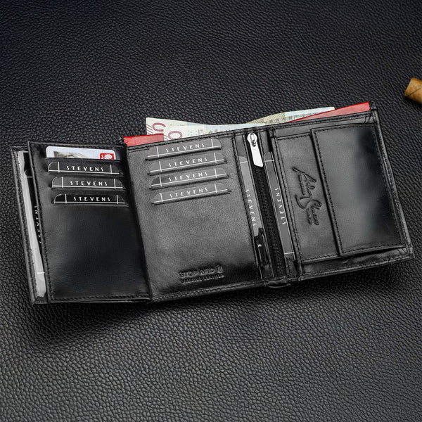 Vīriešu ādas maks STEVENS ar maisiņu, melns, ar RFID aizsardzību Z06-326