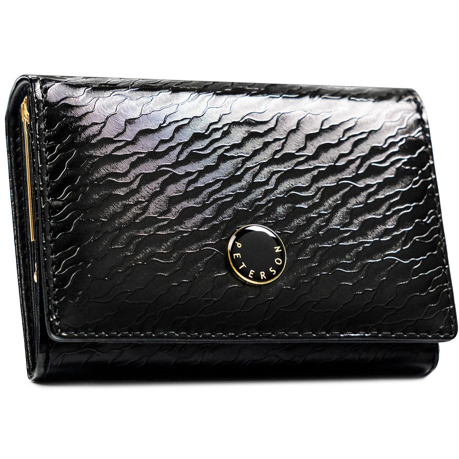 Moteriška vidutinio dydžio „Peterson“ piniginė su spaude, juoda, iš natūralios ir ekologiškos odos ST94