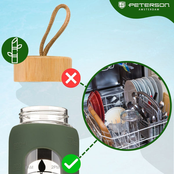 Peterson motivējoša ūdens pudele ar stundu marķējumiem, silikona maciņu, 960 ml, zaļa D71