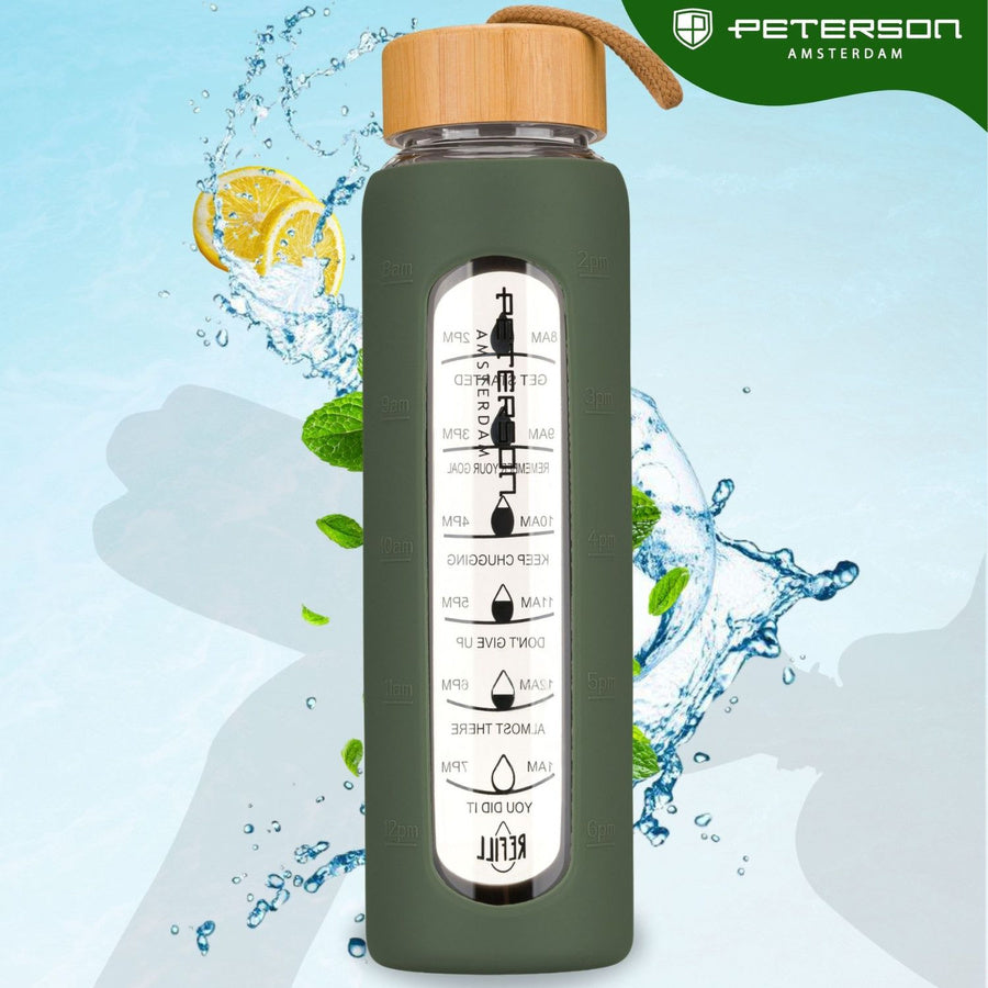 Peterson motivējoša ūdens pudele ar stundu marķējumiem, silikona maciņu, 960 ml, zaļa D71