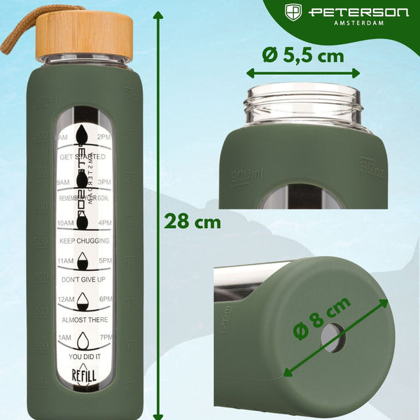 Peterson motivējoša ūdens pudele ar stundu marķējumiem, silikona maciņu, 960 ml, zaļa D71