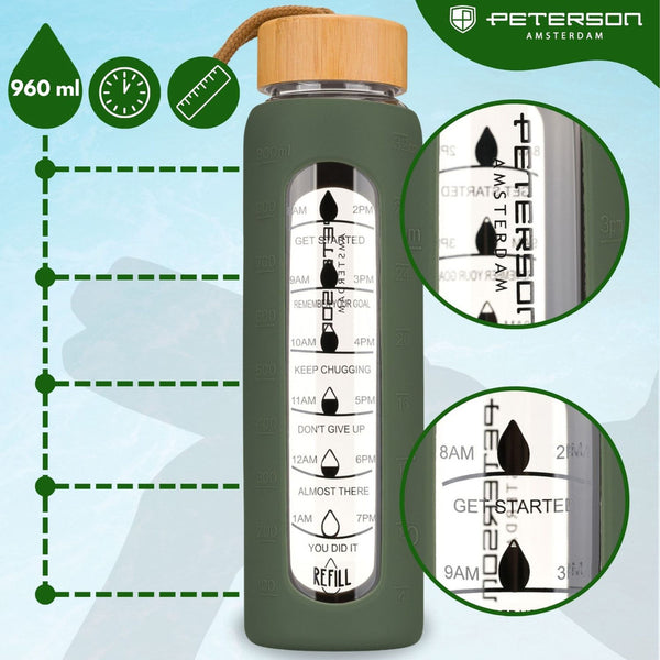 Peterson motivējoša ūdens pudele ar stundu marķējumiem, silikona maciņu, 960 ml, zaļa D71