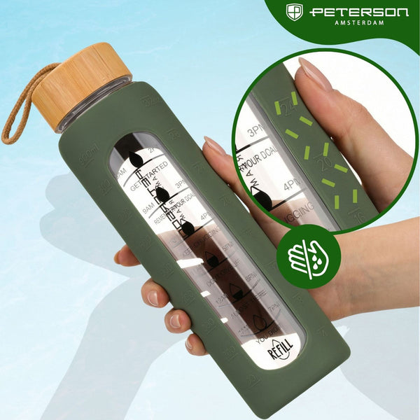 Peterson motivējoša ūdens pudele ar stundu marķējumiem, silikona maciņu, 960 ml, zaļa D71