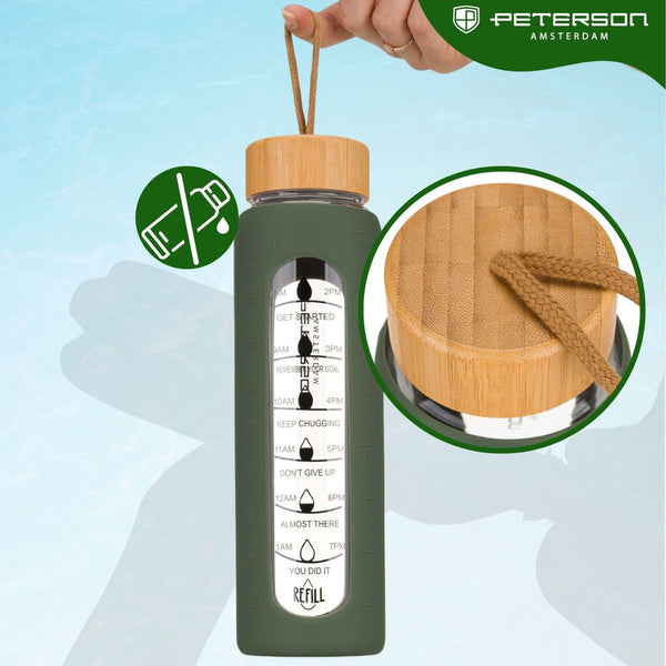 Peterson motivējoša ūdens pudele ar stundu marķējumiem, silikona maciņu, 960 ml, zaļa D71