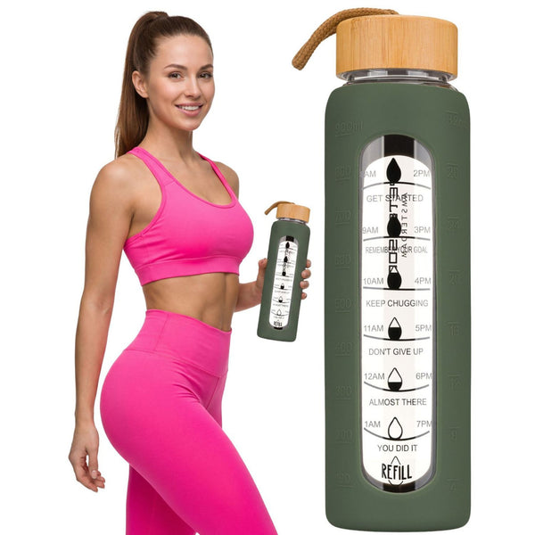 Peterson motivējoša ūdens pudele ar stundu marķējumiem, silikona maciņu, 960 ml, zaļa D71