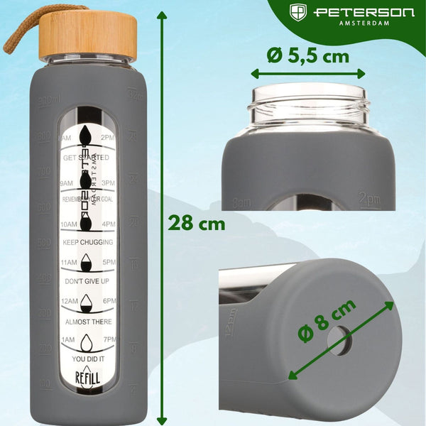 Peterson motivācijas ūdens pudele ar mērskalu, pelēku silikona vāku, 960 ml D69