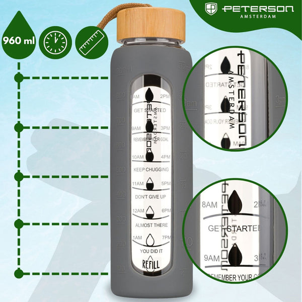 Peterson motivācijas ūdens pudele ar mērskalu, pelēku silikona vāku, 960 ml D69