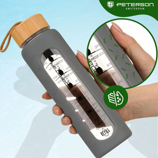 Peterson motivācijas ūdens pudele ar mērskalu, pelēku silikona vāku, 960 ml D69