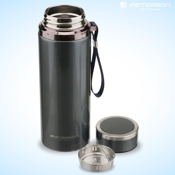 "Peterson" 750 ml termokrūze karstiem un aukstiem dzērieniem ar sietiņu un rokas siksniņu, pelēka, nerūsējošais tērauds D88