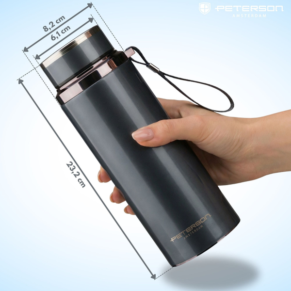 "Peterson" 750 ml termokrūze karstiem un aukstiem dzērieniem ar sietiņu un rokas siksniņu, pelēka, nerūsējošais tērauds D88