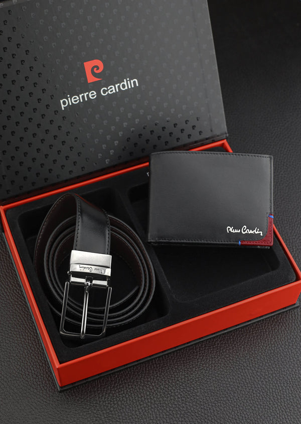 Vīriešu komplekts „Pierre Cardin”: ādas maks un divpusēja josta, melna/brūna 75T8806BR