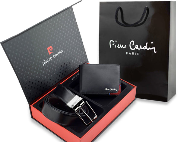 Vīriešu komplekts „Pierre Cardin”: ādas maks un divpusēja josta, melna/brūna 75T8806BR