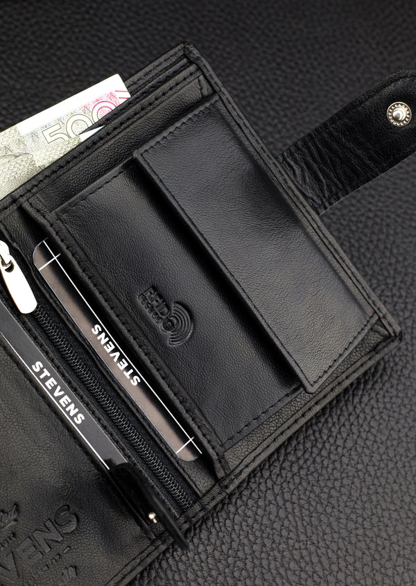 Dāvanu komplekts vīriešiem – STEVENS ādas maks ar RFID aizsardzību, izdzīvošanas karte un dāvanu maisiņš 326A