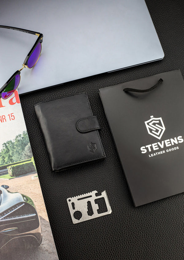 Dāvanu komplekts vīriešiem – STEVENS ādas maks ar RFID aizsardzību, izdzīvošanas karte un dāvanu maisiņš 326A