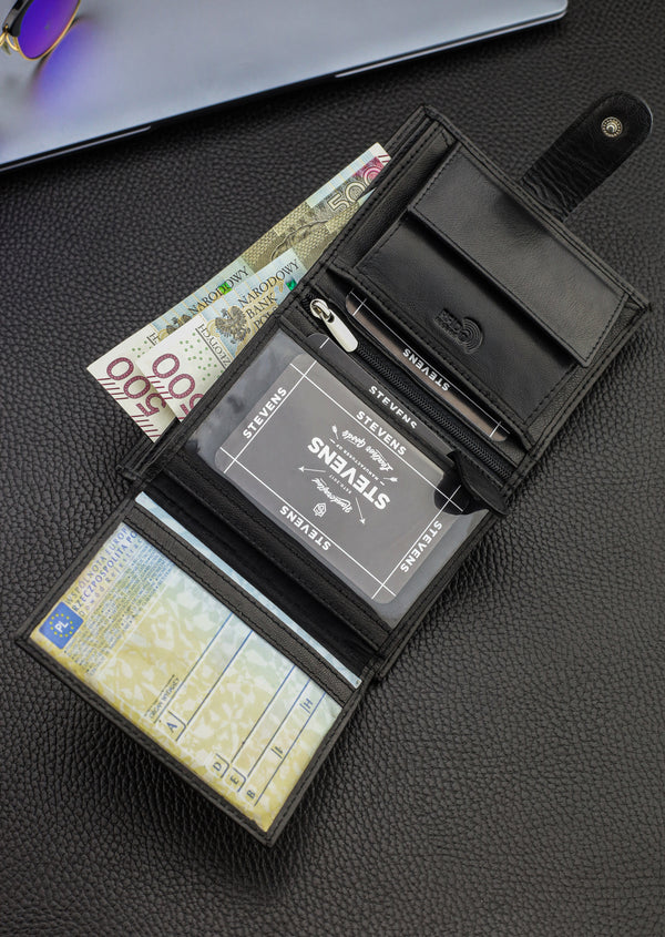 Dāvanu komplekts vīriešiem – STEVENS ādas maks ar RFID aizsardzību, izdzīvošanas karte un dāvanu maisiņš 326A