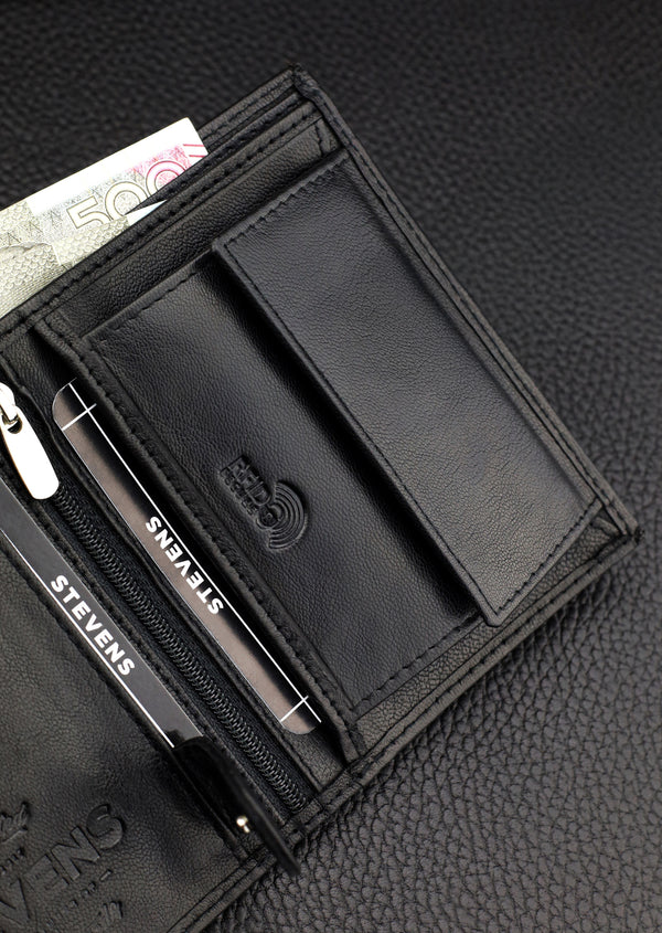Dāvanu komplekts vīriešiem – STEVENS ādas maks ar RFID aizsardzību, izdzīvošanas karte un dāvanu maisiņš 326