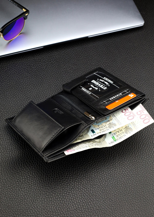 Dāvanu komplekts vīriešiem – STEVENS ādas maks ar RFID aizsardzību, izdzīvošanas karte un dāvanu maisiņš 326