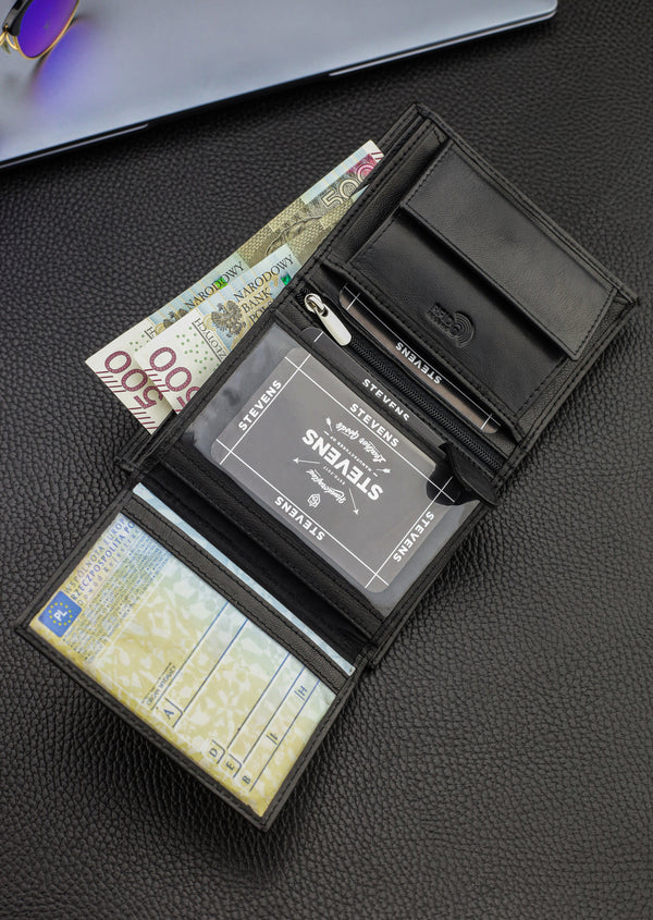 Dāvanu komplekts vīriešiem – STEVENS ādas maks ar RFID aizsardzību, izdzīvošanas karte un dāvanu maisiņš 326