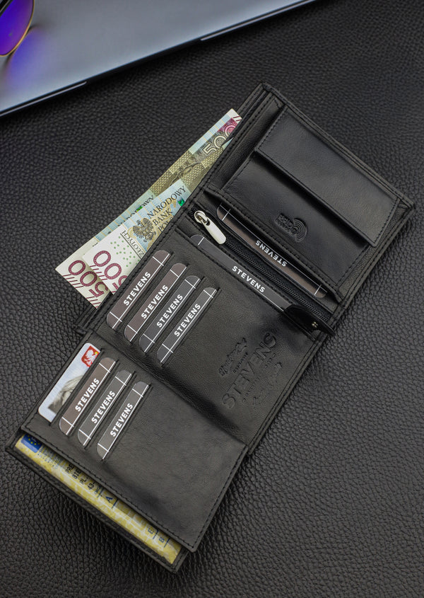 Dāvanu komplekts vīriešiem – STEVENS ādas maks ar RFID aizsardzību, izdzīvošanas karte un dāvanu maisiņš 326