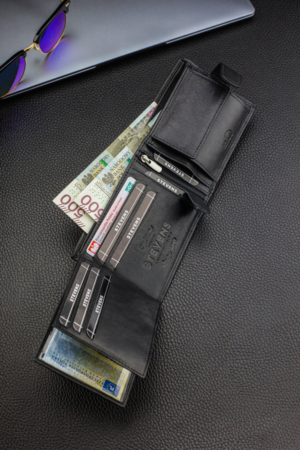 Dāvanu komplekts vīriešiem – STEVENS ādas maks ar RFID aizsardzību, izdzīvošanas karte un dāvanu maisiņš 325A