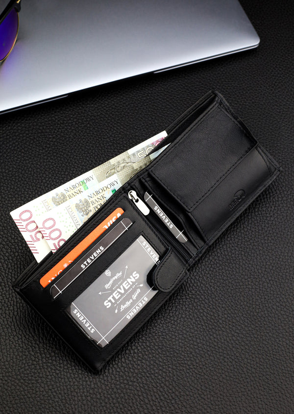 Dāvanu komplekts vīriešiem – STEVENS ādas maks ar RFID aizsardzību, izdzīvošanas karte un dāvanu maisiņš 325