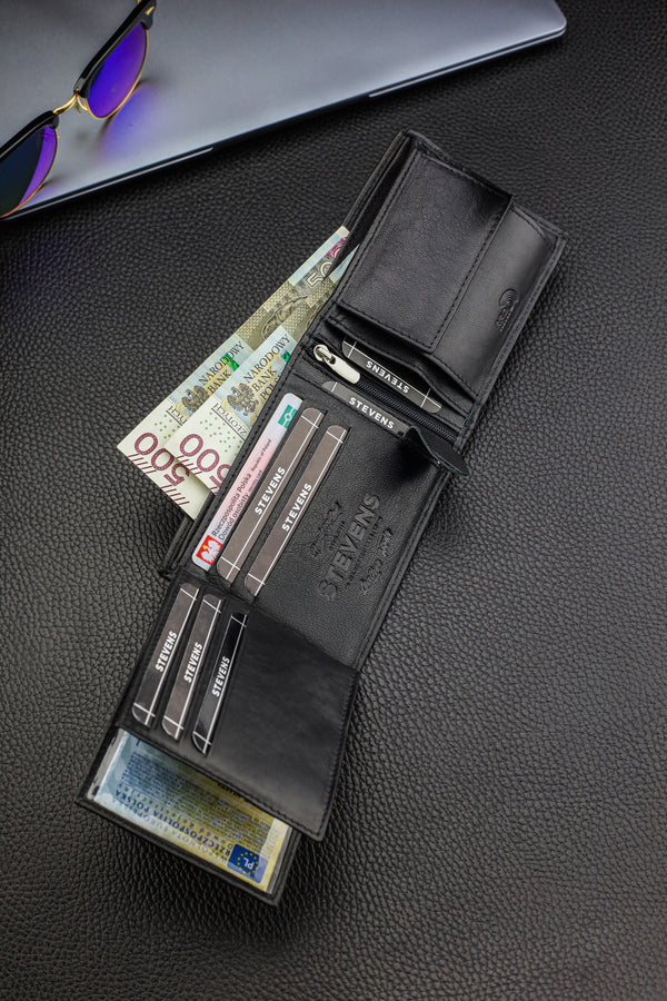 Dāvanu komplekts vīriešiem – STEVENS ādas maks ar RFID aizsardzību, izdzīvošanas karte un dāvanu maisiņš 325