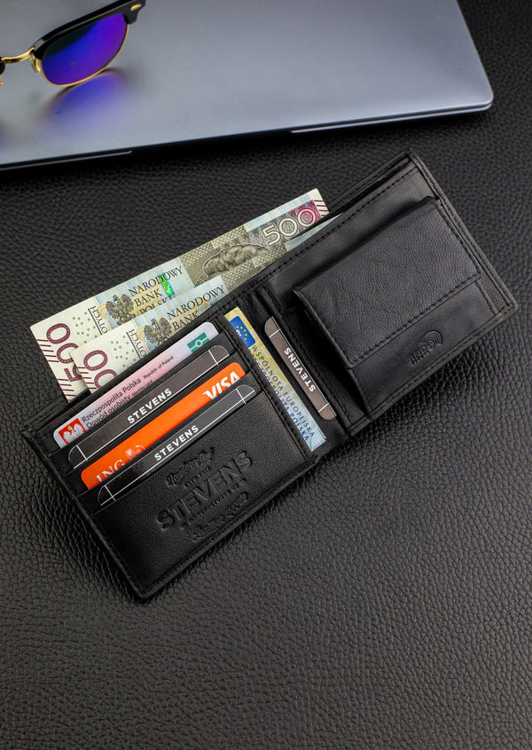 Dāvanu komplekts vīriešiem – STEVENS ādas maks ar RFID aizsardzību, izdzīvošanas karte un dāvanu maisiņš 8824