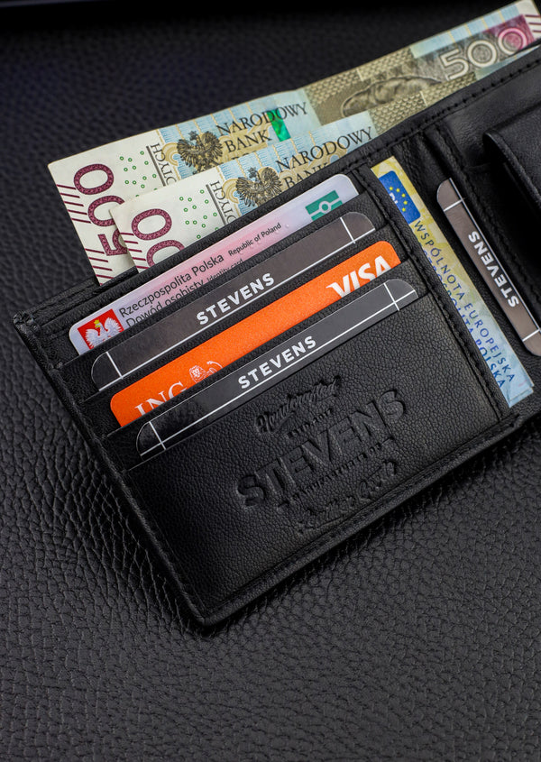 Dāvanu komplekts vīriešiem – STEVENS ādas maks ar RFID aizsardzību, izdzīvošanas karte un dāvanu maisiņš 8824