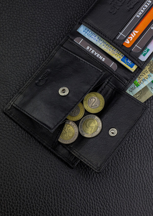 Dāvanu komplekts vīriešiem – STEVENS ādas maks ar RFID aizsardzību, izdzīvošanas karte un dāvanu maisiņš 8824