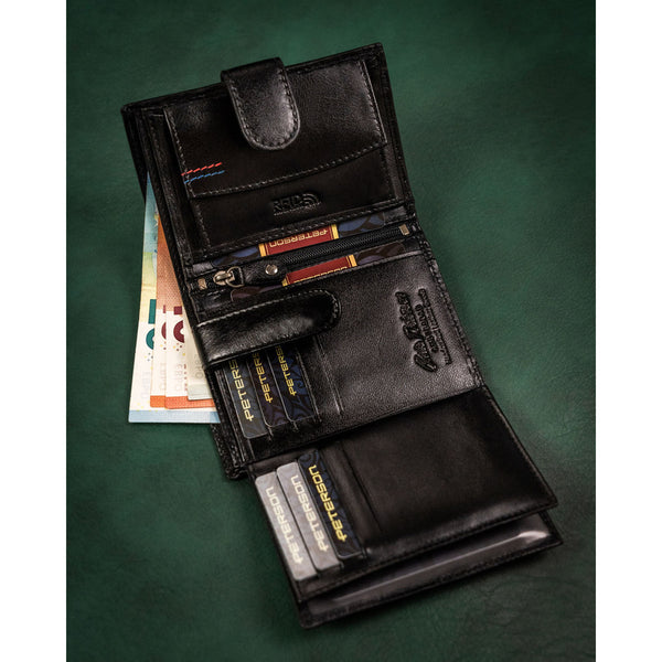 Peterson dovanų rinkinys: didelė juoda odinė vyriška piniginė su RFID apsauga ir natūralios odos diržas DS69