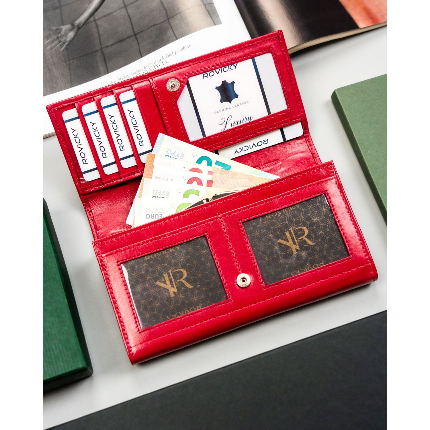 Rožinė odinė moteriška piniginė Rovicky K74